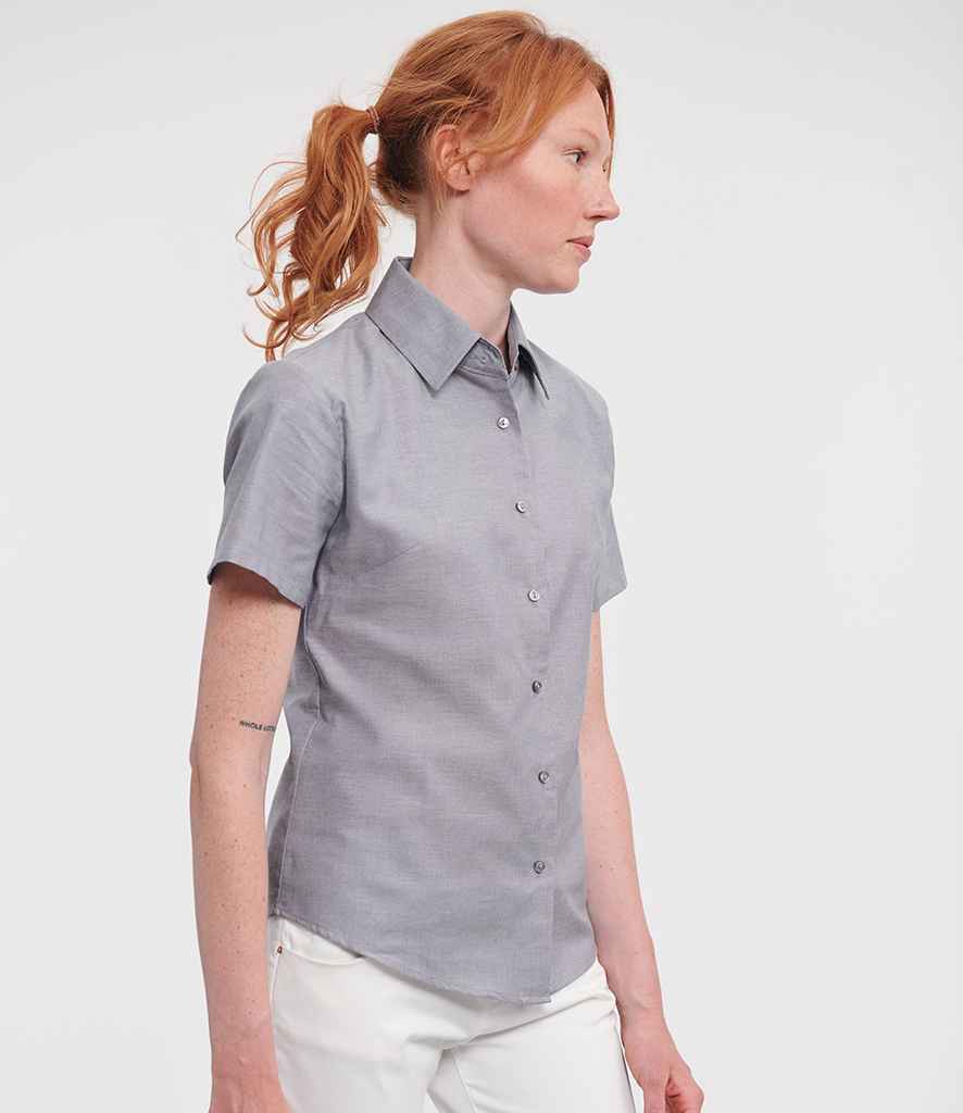 Russell Athletic Collection Ladies Short Sleeve Easy Care Oxford Shirt | Silver