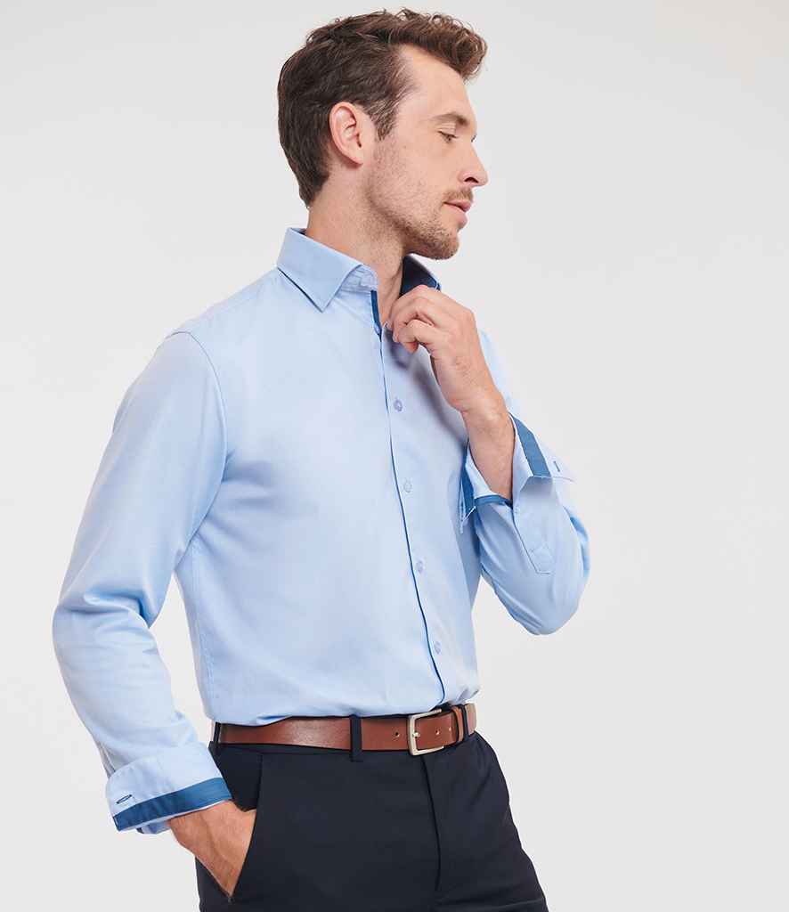 Russell Athletic Collection Long Sleeve Contrast Herringbone Shirt | Light Blue/Mid Blue