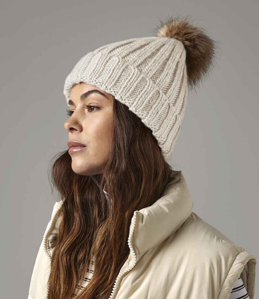 Beechfield Faux Fur Pop Pom Chunky Beanie | Oatmeal