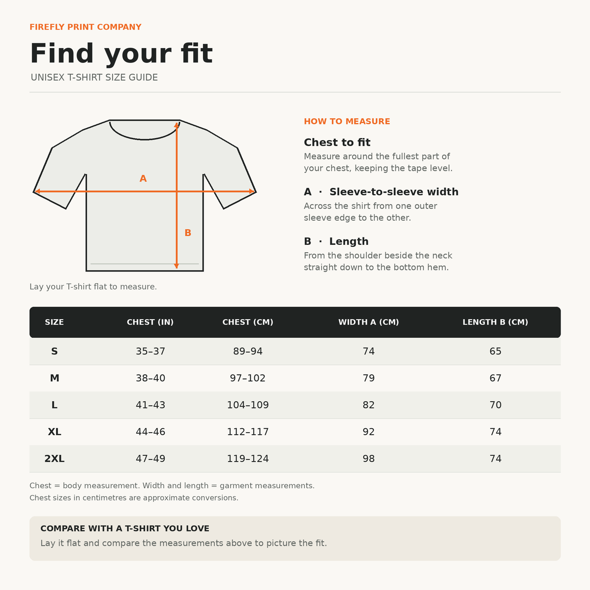 Firefly Print Company unisex t-shirt size guide