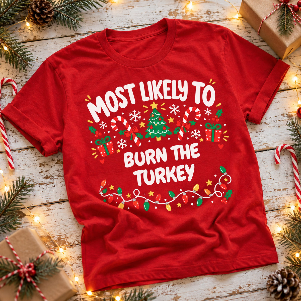 Red personalised Most Likely To Doodle Funny Christmas T-Shirt, example ending