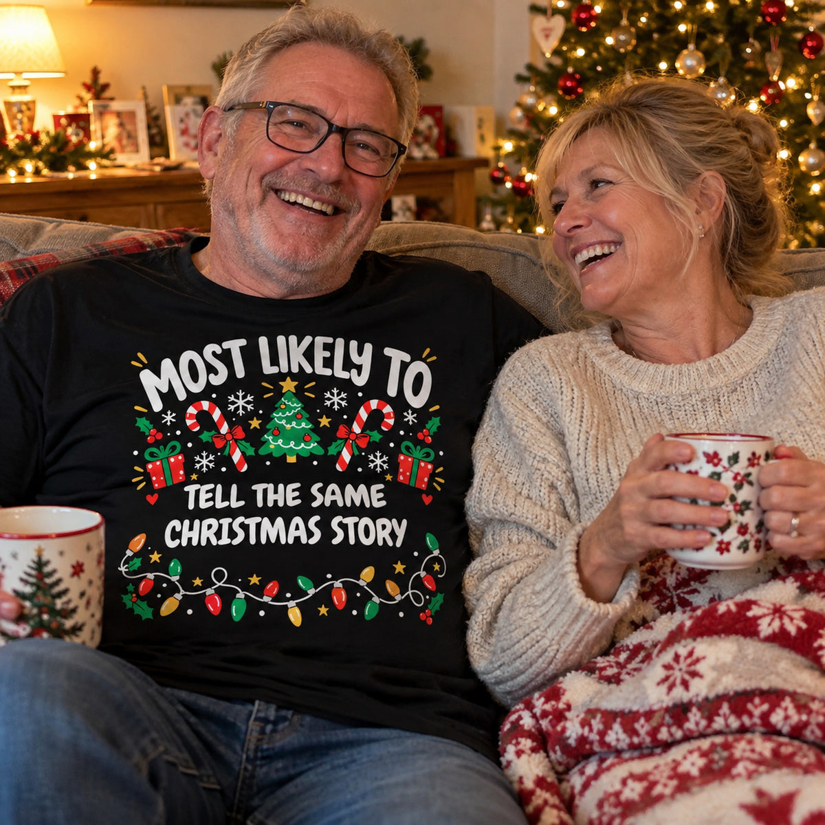 Black Nan & Grandad personalised Most Likely To Funny Christmas T-Shirt, example ending