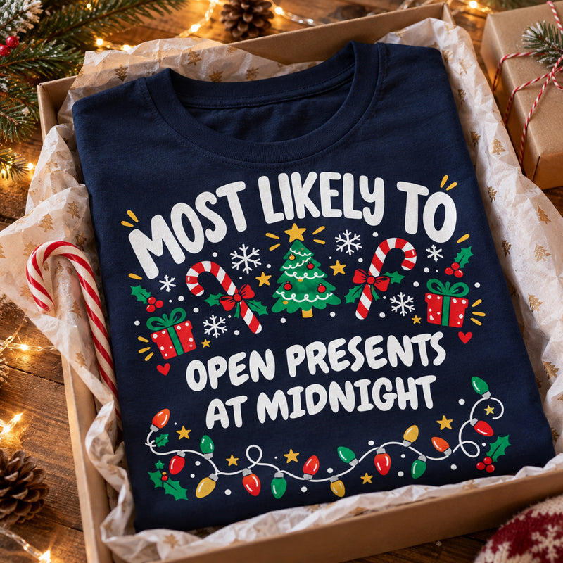 Navy personalised Most Likely To Christmas Eve Box Funny Christmas T-Shirt, example ending