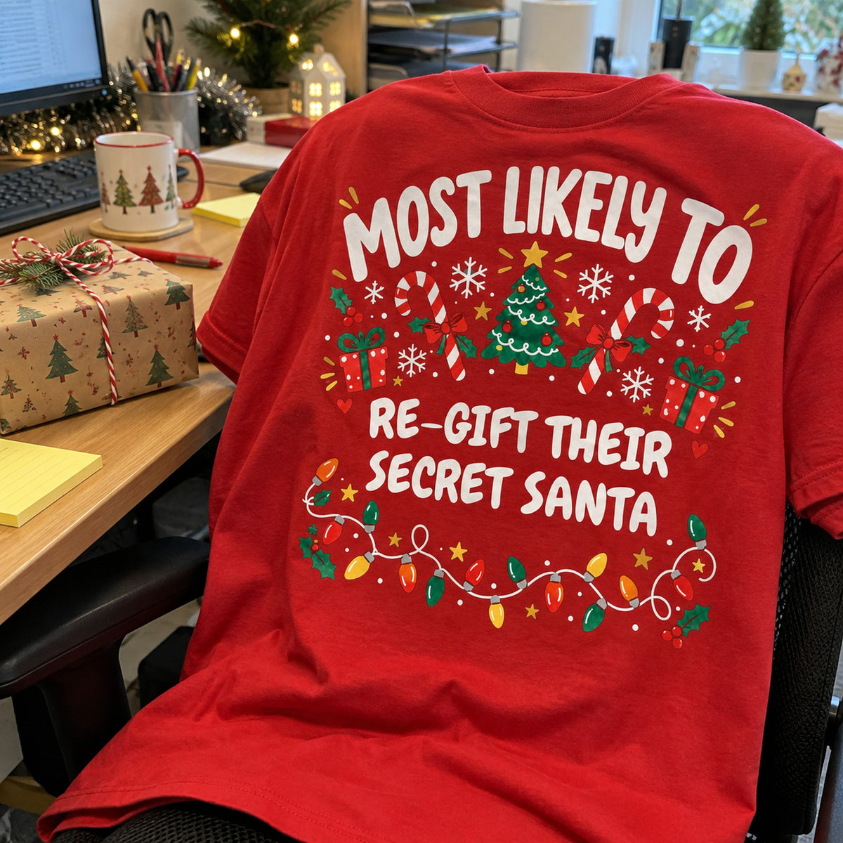 Red Secret Santa personalised Most Likely To Funny Christmas Office T-Shirt, example ending