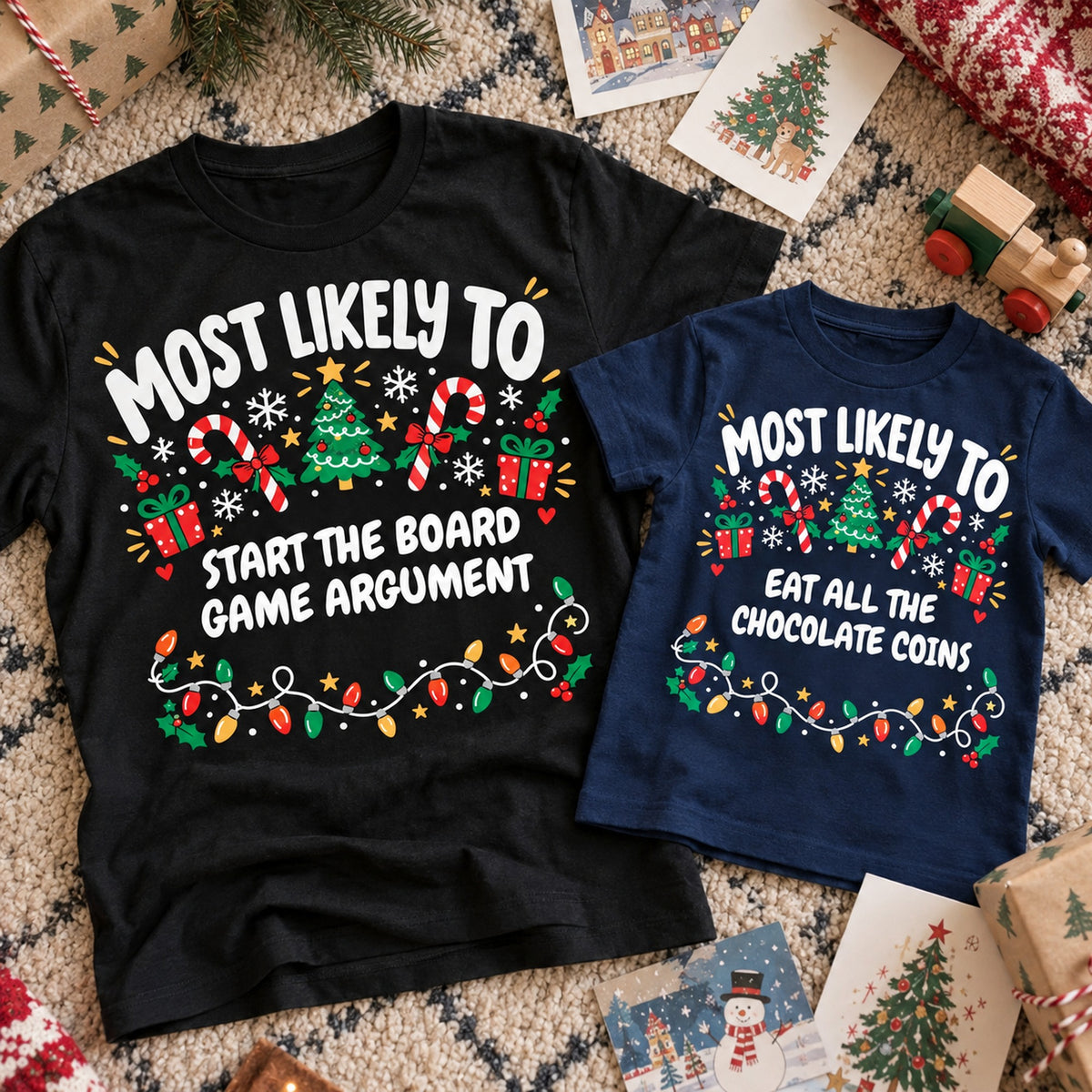 Black Matching Family & Kids personalised Most Likely To Funny Christmas T-Shirt, example ending