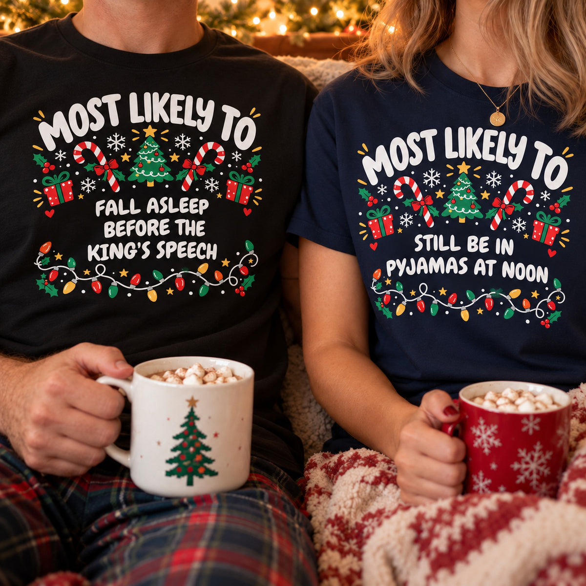 Couple in black and navy personalised Most Likely To Christmas doodle T-shirts