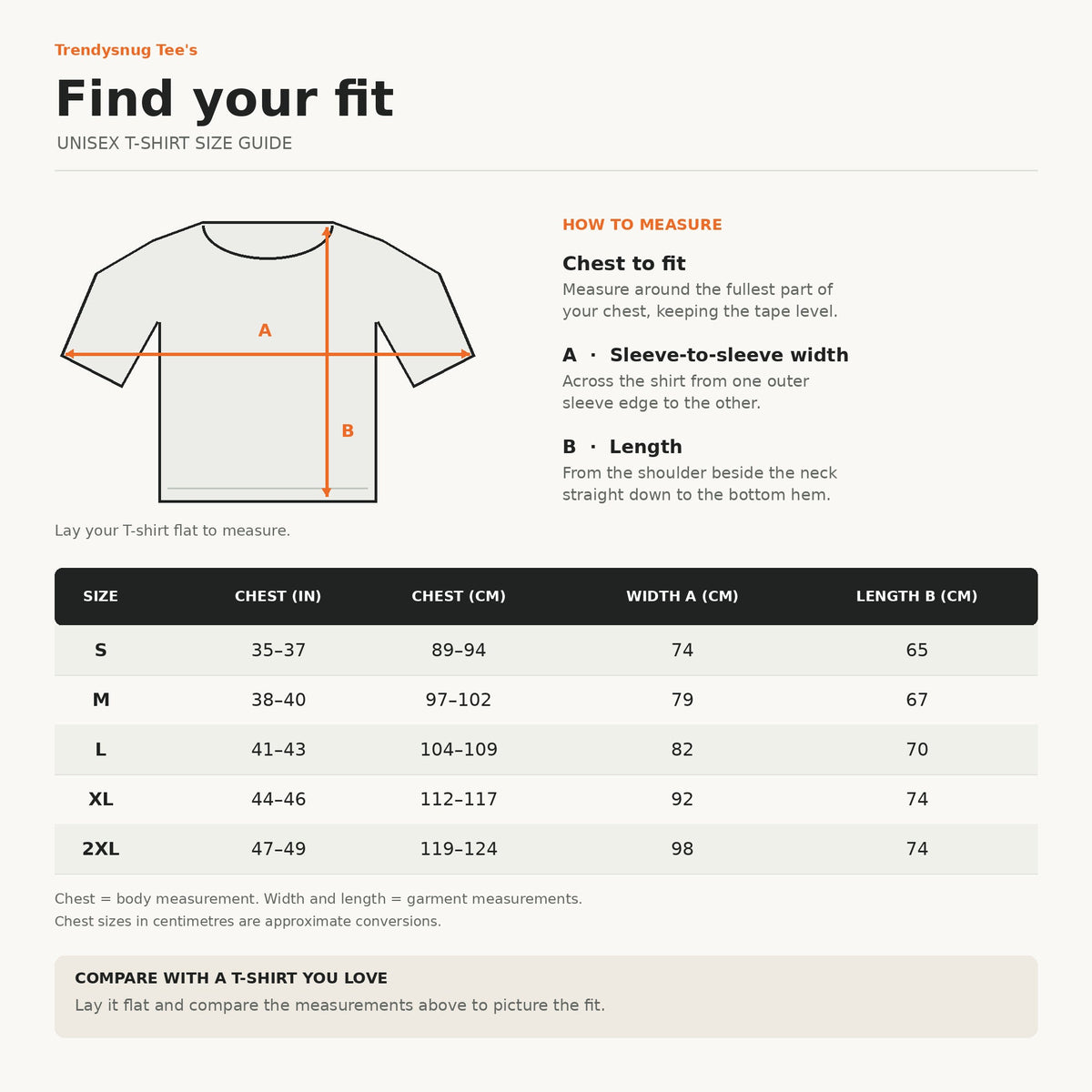 Adult unisex T-shirt size guide S to 3XL with chest measurements