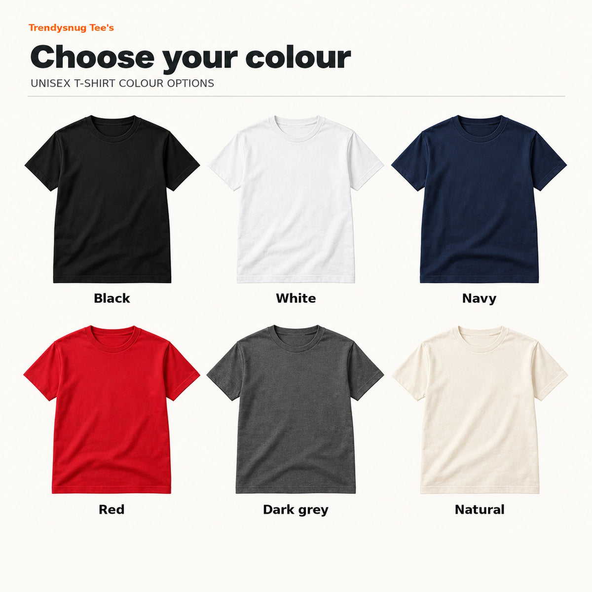 Colour chart: Black, Navy, Red and Dark grey T-shirts