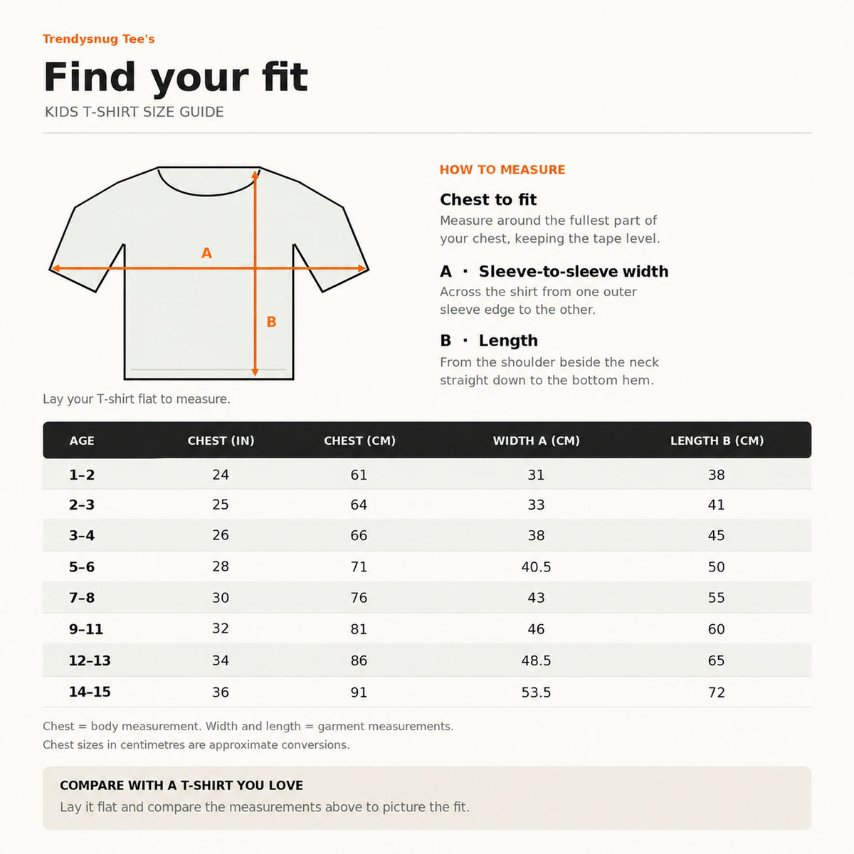 Kids T-shirt size guide ages 2-3 to 12-13