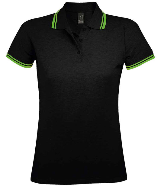 SOL'S Ladies Pasadena Tipped Cotton Piqué Polo Shirt | Black/Lime Green