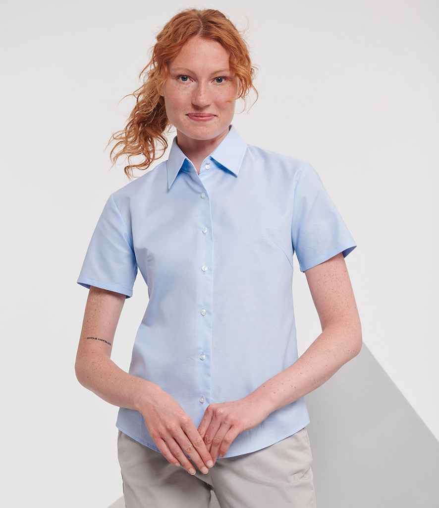 Russell Athletic Collection Ladies Short Sleeve Easy Care Oxford Shirt | Oxford Blue