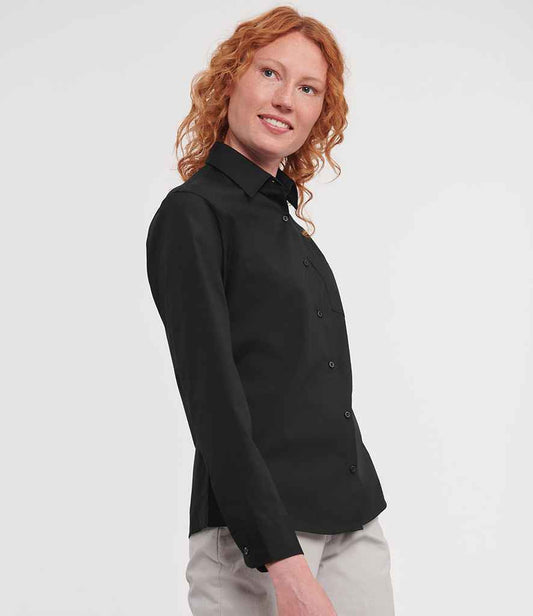 Russell Athletic Collection Ladies Long Sleeve Easy Care Cotton Poplin Shirt | Black