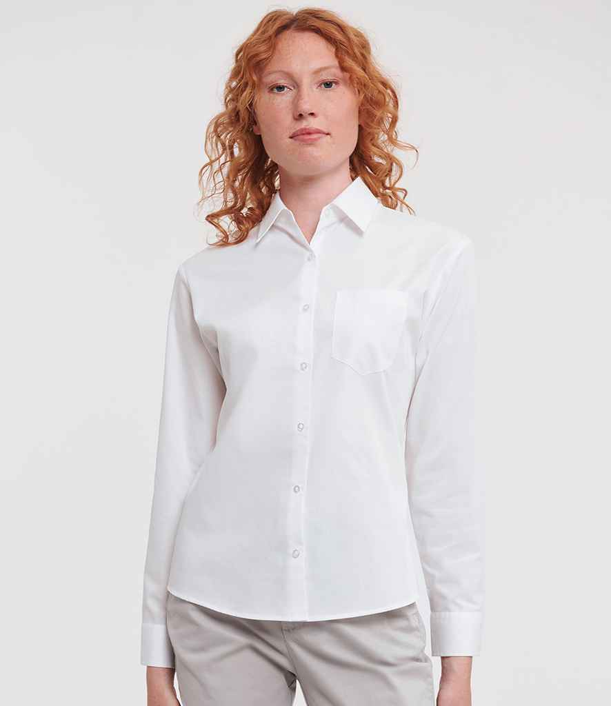 Russell Athletic Collection Ladies Long Sleeve Easy Care Cotton Poplin Shirt | White