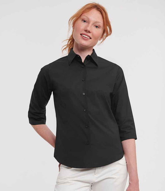 Russell Athletic Collection Ladies 3/4 Sleeve Easy Care Fitted Shirt | Black