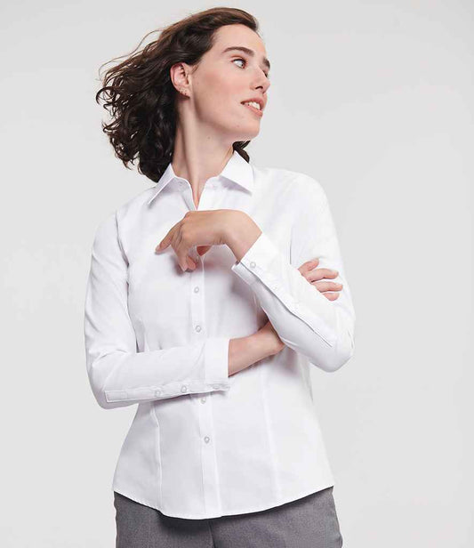 Russell Athletic Collection Ladies Long Sleeve Herringbone Shirt | White