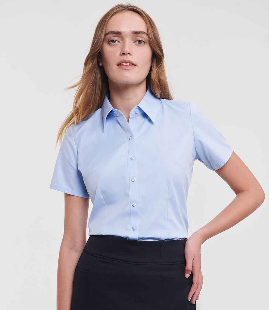 Russell Athletic Collection Ladies Short Sleeve Herringbone Shirt | Light Blue