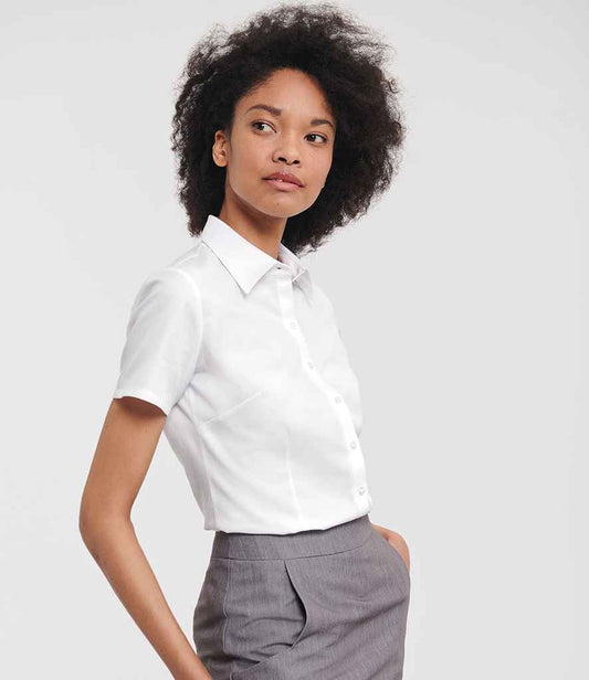Russell Athletic Collection Ladies Short Sleeve Herringbone Shirt | White