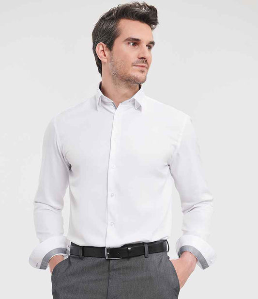 Russell Athletic Collection Long Sleeve Contrast Herringbone Shirt | White/Silver