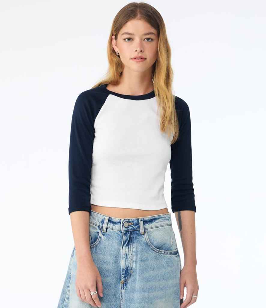 Bella Ladies Micro Rib 3/4 Raglan Baby T-Shirt | White/Navy