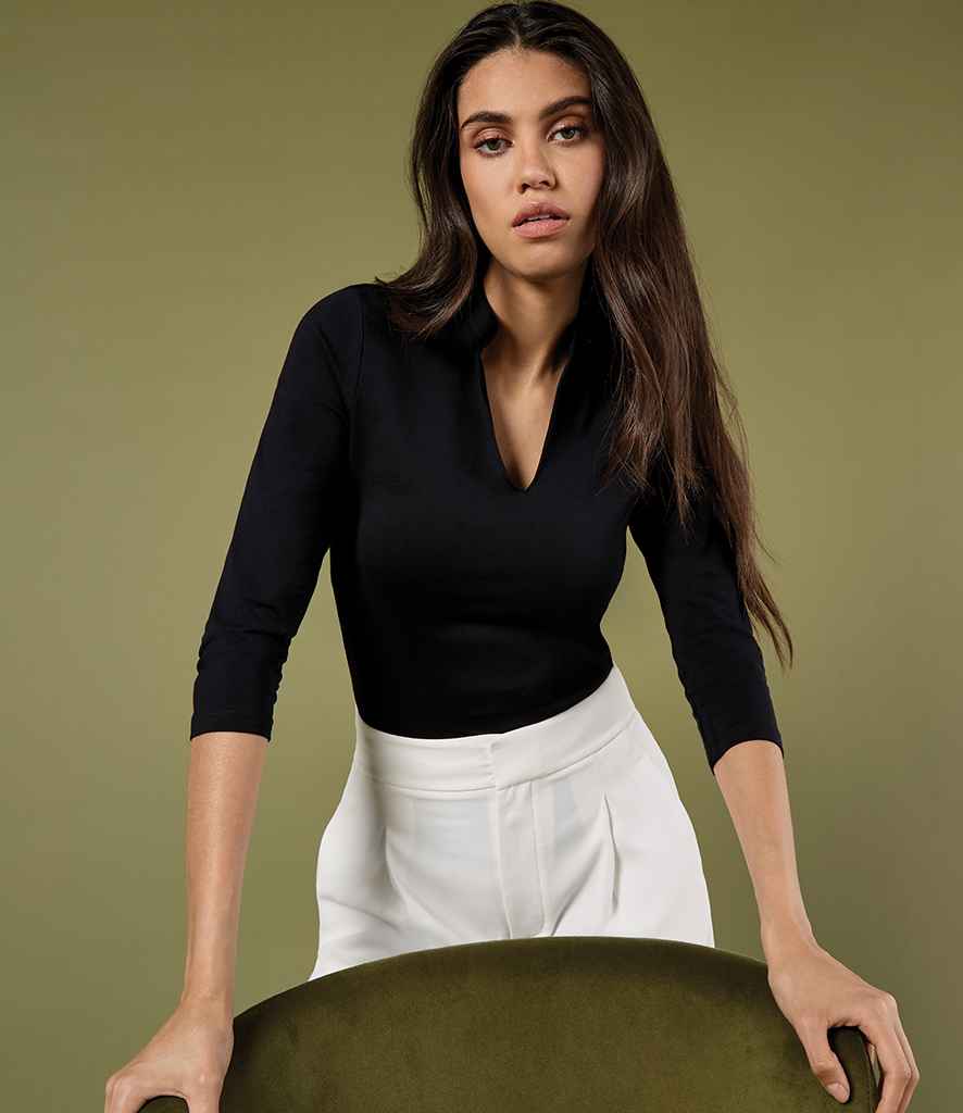 Kustom Kit Ladies 3/4 Sleeve Mandarin Collar Top | Black