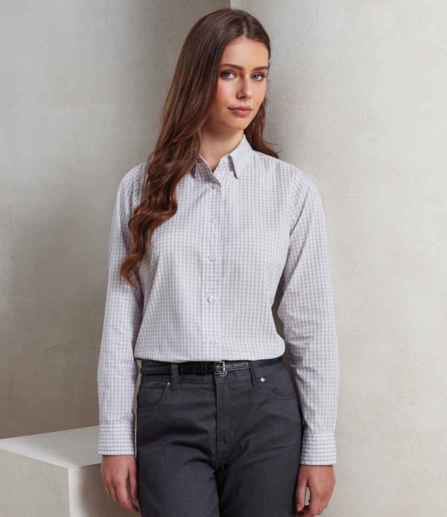 Premier Ladies Maxton Check Long Sleeve Shirt | Silver/White