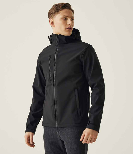 Regatta Venturer Three Layer Hooded Soft Shell Jacket | Black/Black