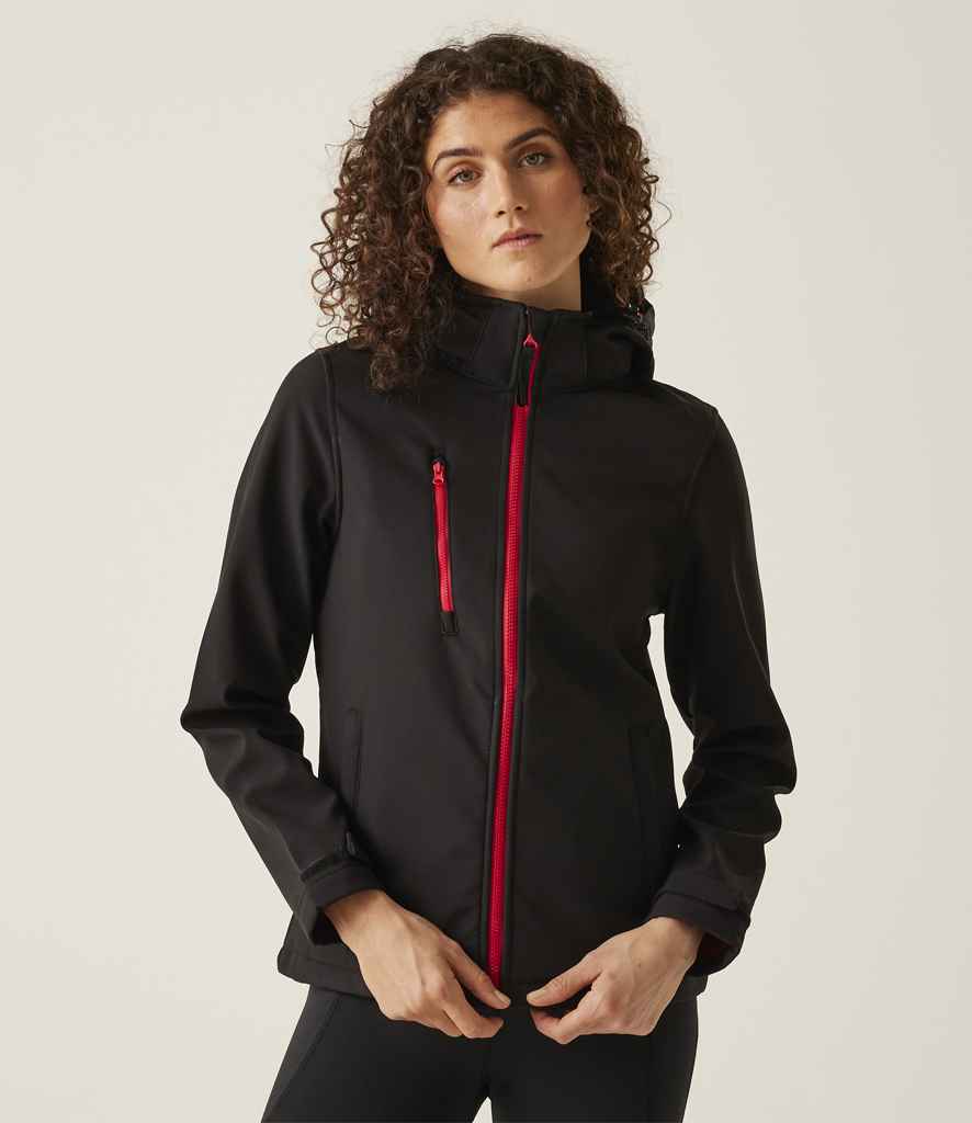 Regatta Ladies Venturer Three Layer Hooded Soft Shell Jacket | Black/Classic Red
