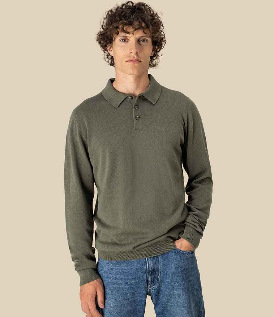 Spasso Knitted Long Sleeve Polo Shirt | Organic Khaki