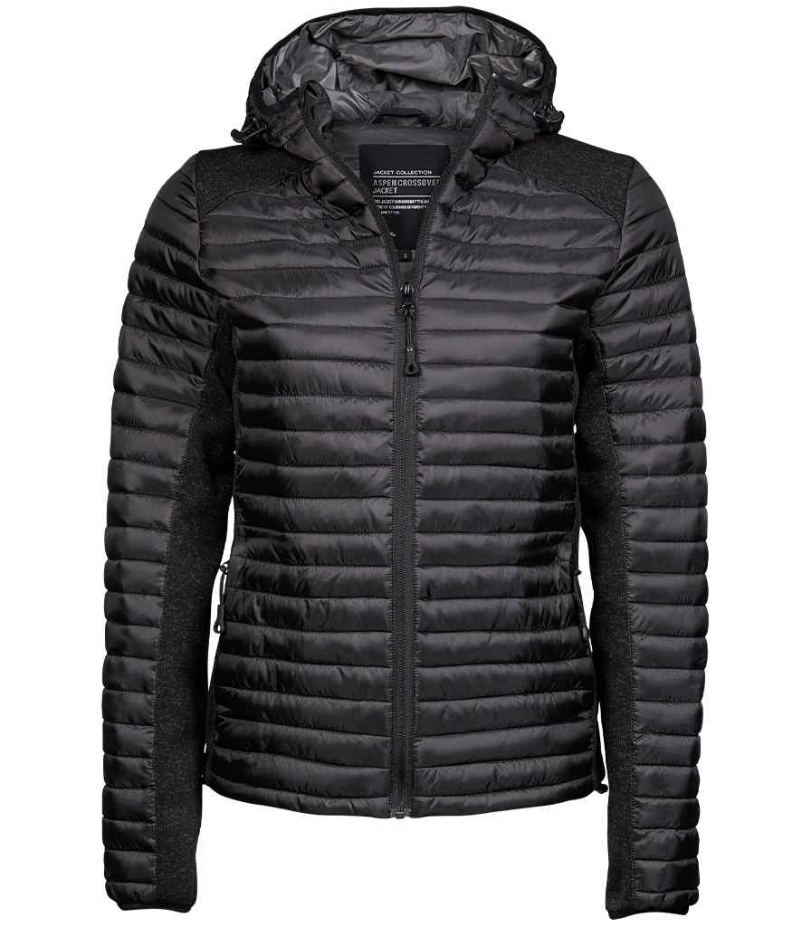 Tee Jays Ladies Crossover Hooded Padded Outdoor Jacket | Black/Black Melange