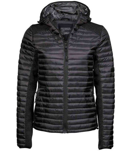Tee Jays Ladies Crossover Hooded Padded Outdoor Jacket | Black/Black Melange