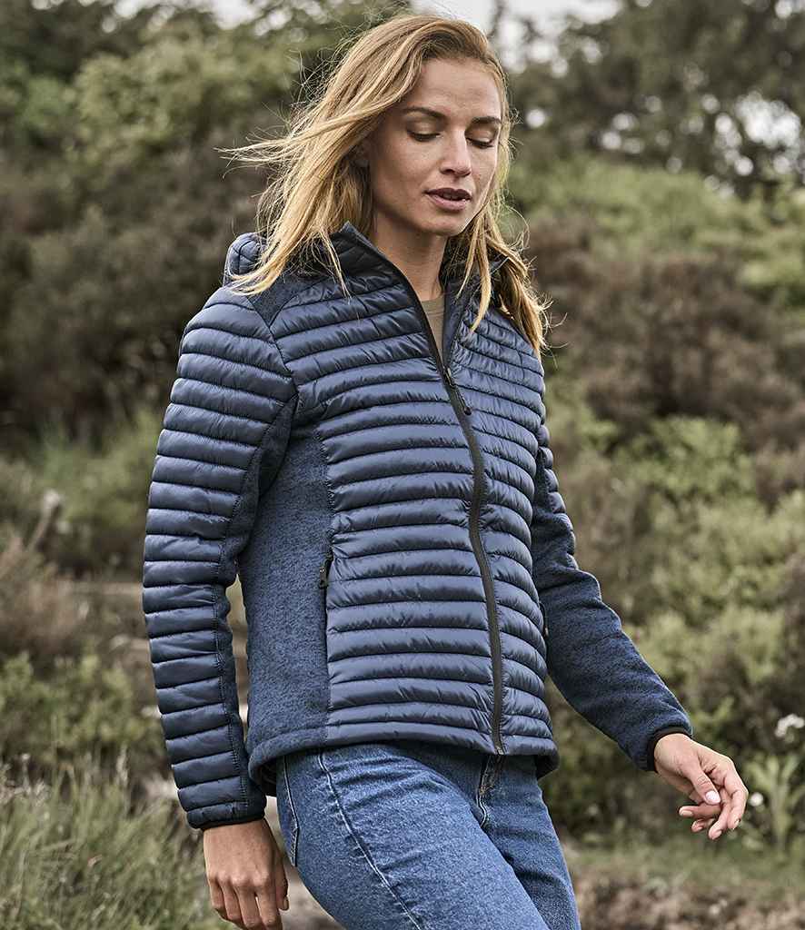 Tee Jays Ladies Crossover Hooded Padded Outdoor Jacket | Navy/Navy Melange