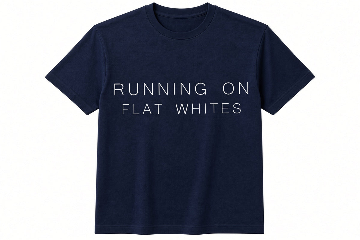 Running On Flat Whites funny coffee design on navy t-shirt