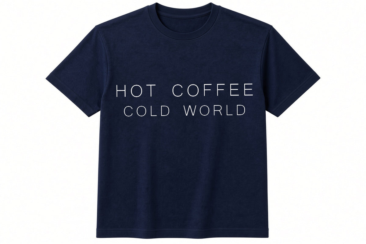 Hot Coffee Cold World funny coffee design on navy t-shirt