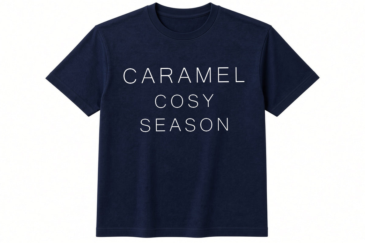 Caramel Cosy Season funny coffee design on navy t-shirt