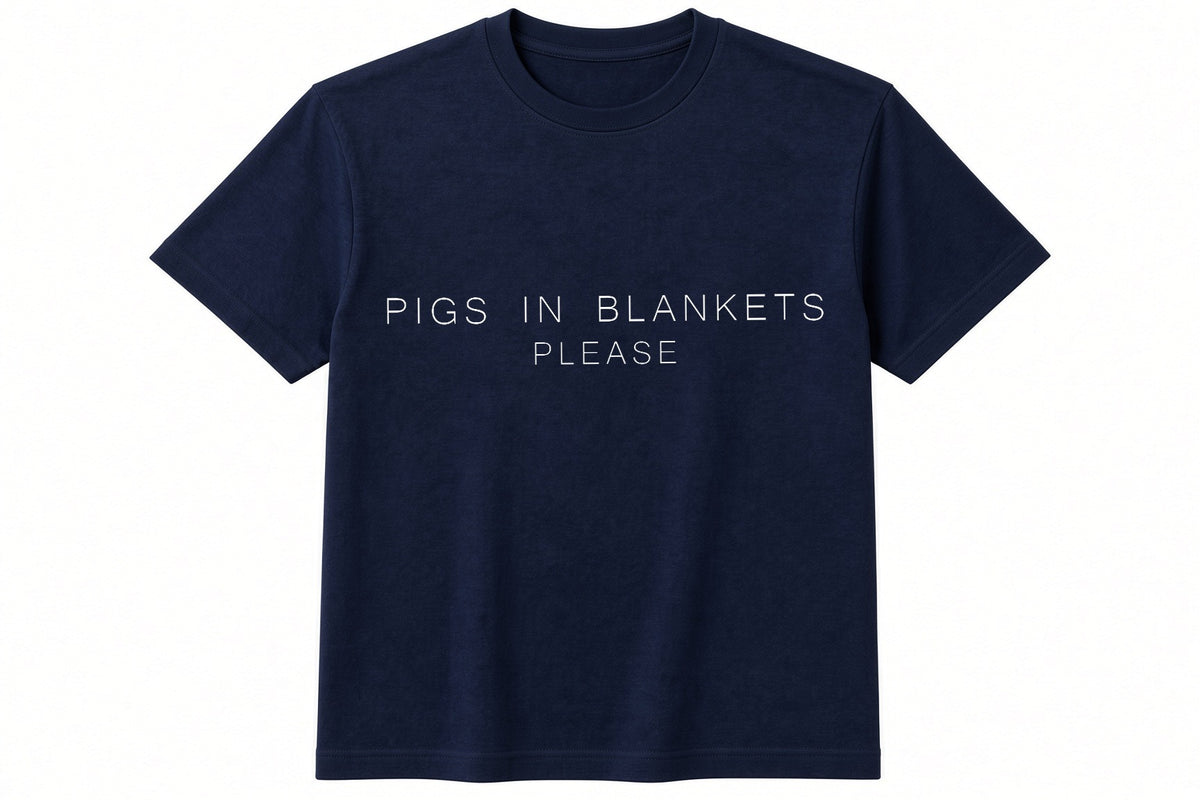 Pigs In Blankets Please funny Christmas design on navy t-shirt