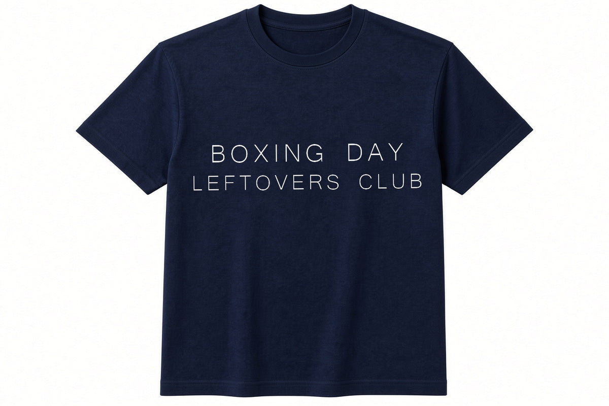 Boxing Day Leftovers Club funny Christmas design on navy t-shirt