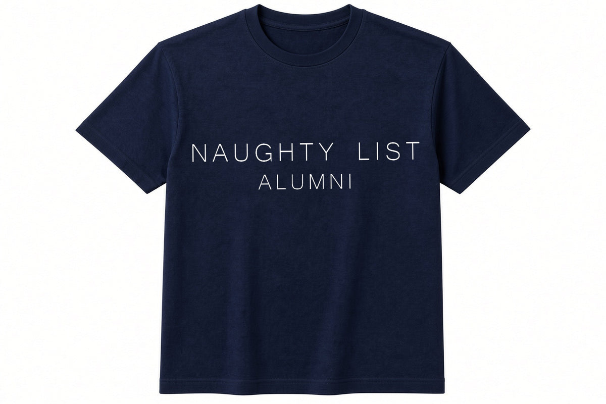 Naughty List Alumni funny Christmas design on navy t-shirt