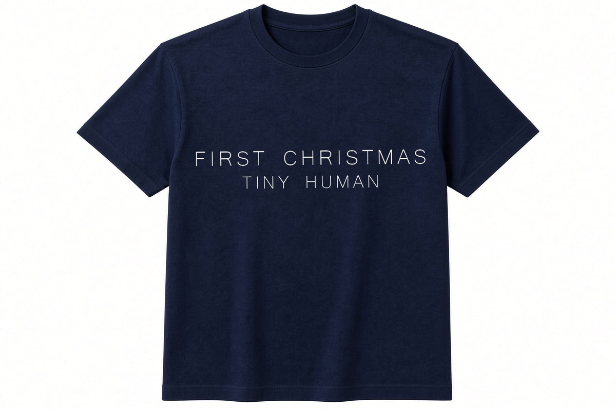First Christmas Tiny Human funny Christmas design on navy t-shirt