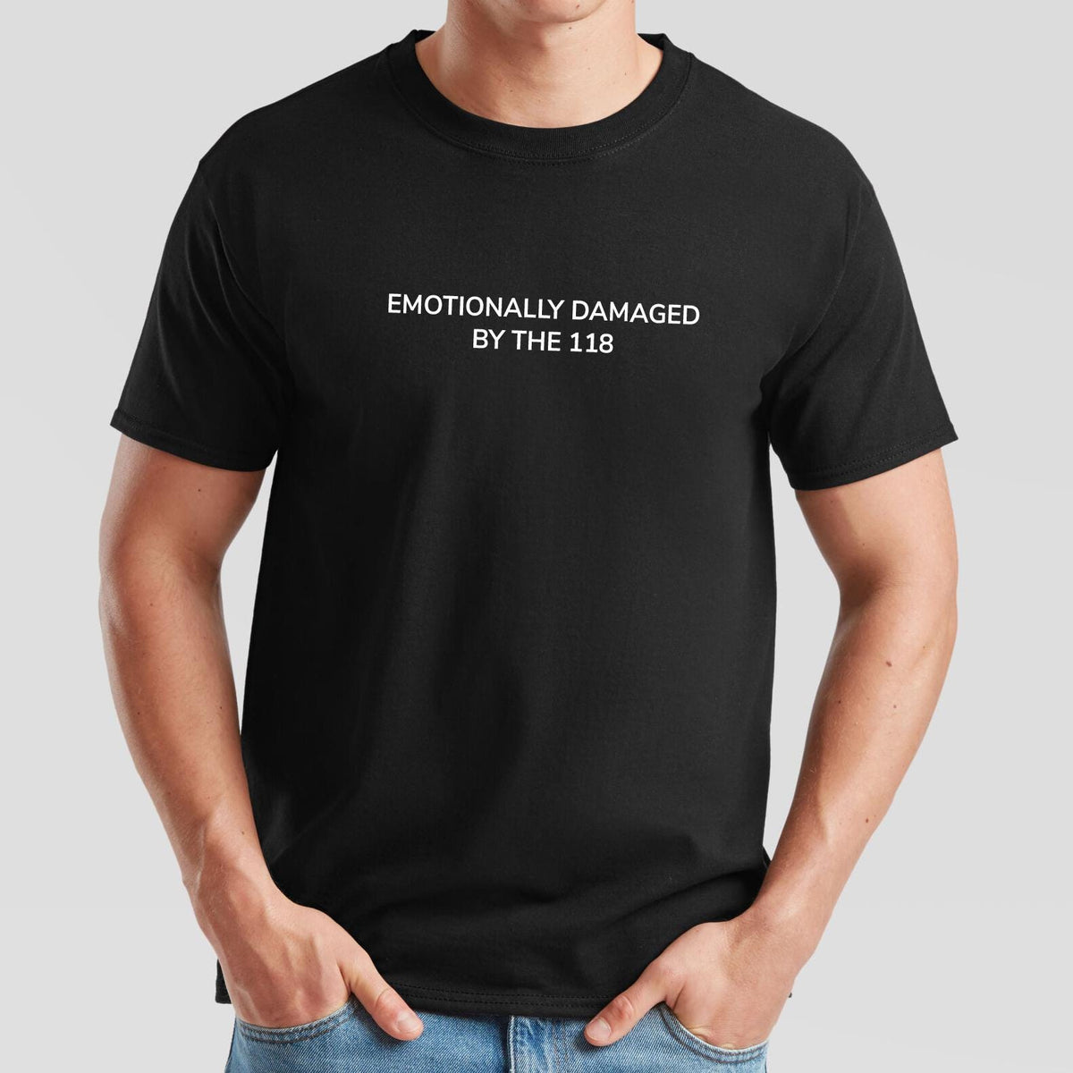 Emotionally Damaged by the 118 Funny T-Shirt & Hoodie, 227 on black t-shirt