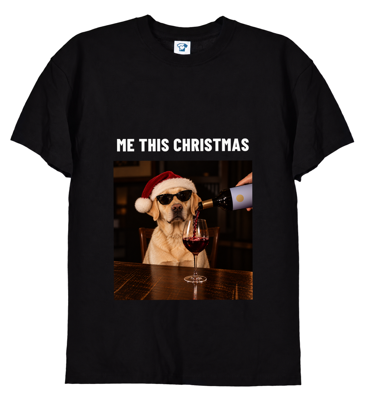Me This Christmas funny Christmas dog t-shirt – Labrador in Santa hat and sunglasses with red wine, black t-shirt