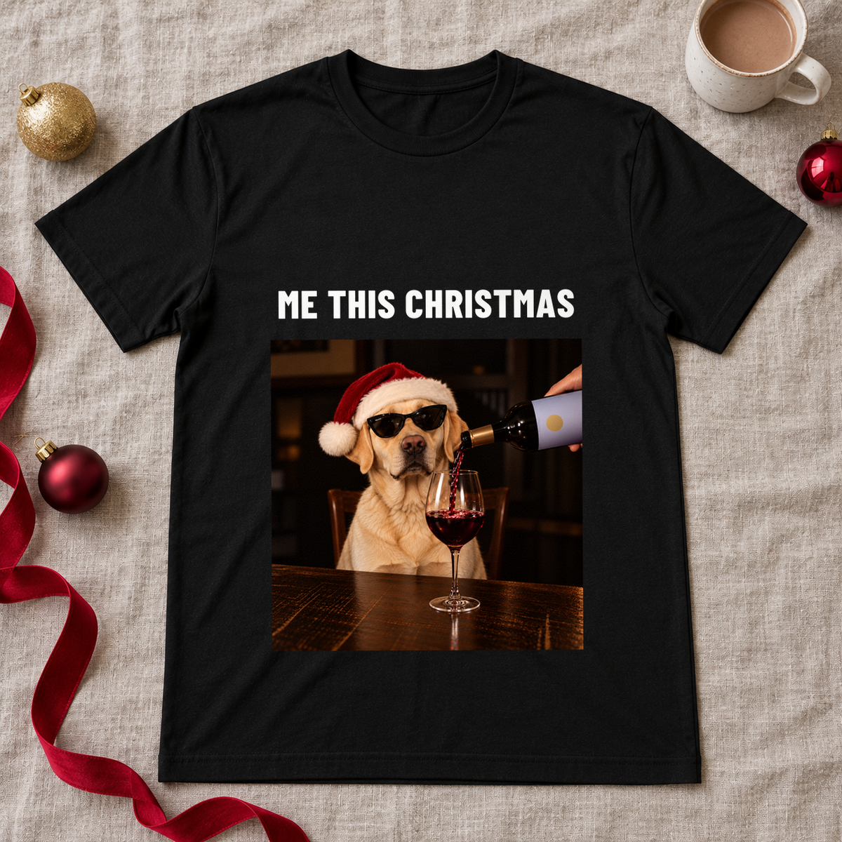 Me This Christmas funny Christmas dog t-shirt – Labrador in Santa hat and sunglasses with red wine, black flat lay t-shirt