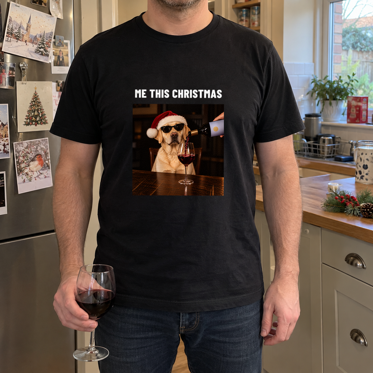 Me This Christmas funny Christmas dog t-shirt – Labrador in Santa hat and sunglasses with red wine, man wearing a black t-shirt