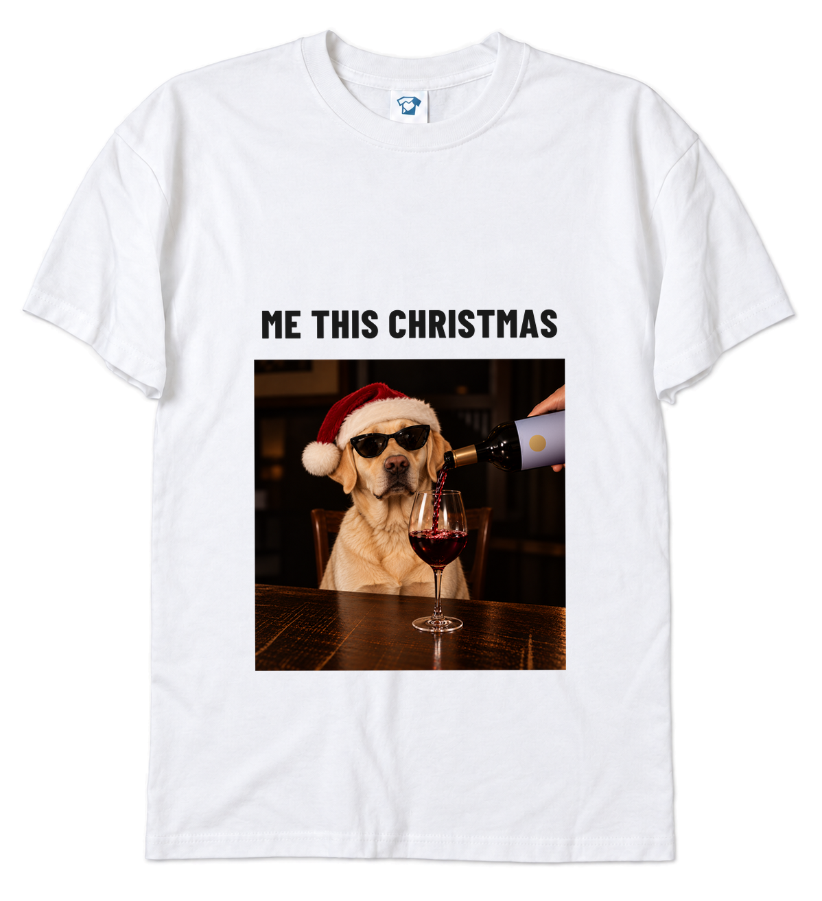 Me This Christmas funny Christmas dog t-shirt – Labrador in Santa hat and sunglasses with red wine, white t-shirt
