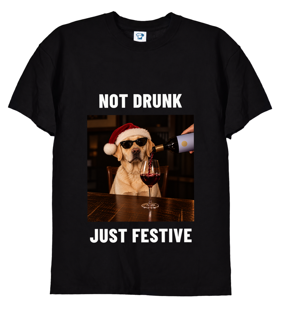 Not Drunk Just Festive funny Christmas dog t-shirt – Labrador in Santa hat and sunglasses with red wine, black t-shirt