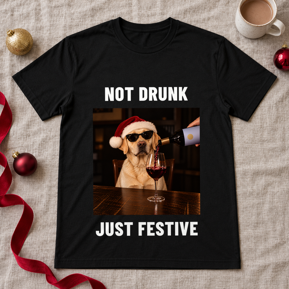 Not Drunk Just Festive funny Christmas dog t-shirt – Labrador in Santa hat and sunglasses with red wine, black flat lay t-shirt