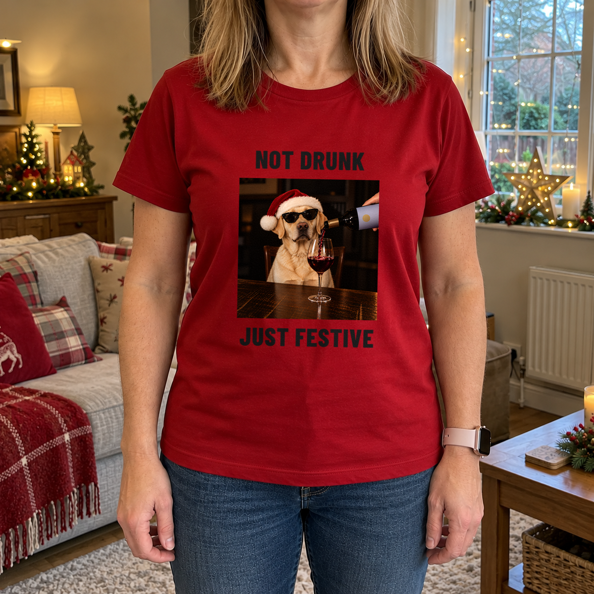Not Drunk Just Festive funny Christmas dog t-shirt – Labrador in Santa hat and sunglasses with red wine, woman wearing a red t-shirt