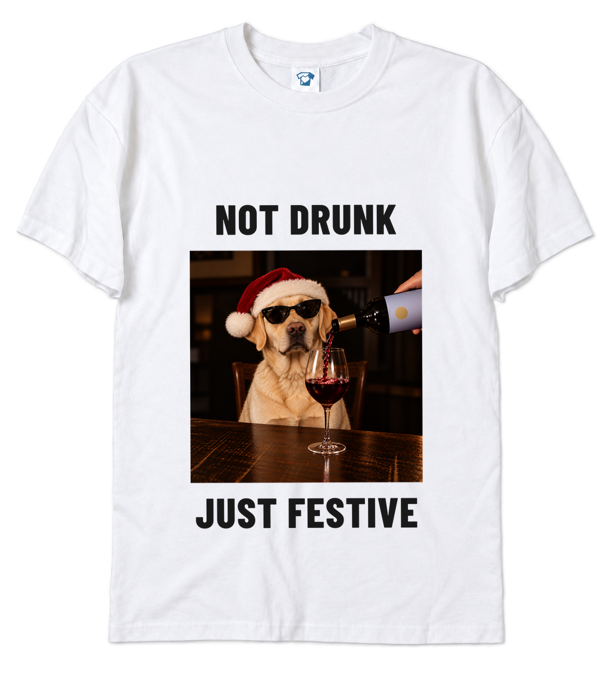 Not Drunk Just Festive funny Christmas dog t-shirt – Labrador in Santa hat and sunglasses with red wine, white t-shirt