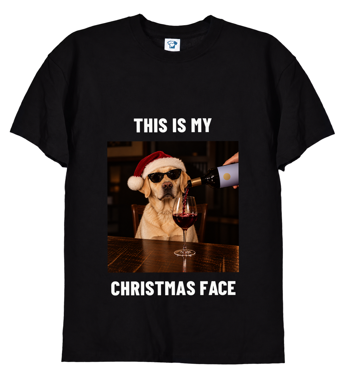This Is My Christmas Face funny Christmas dog t-shirt – Labrador in Santa hat and sunglasses with red wine, black t-shirt