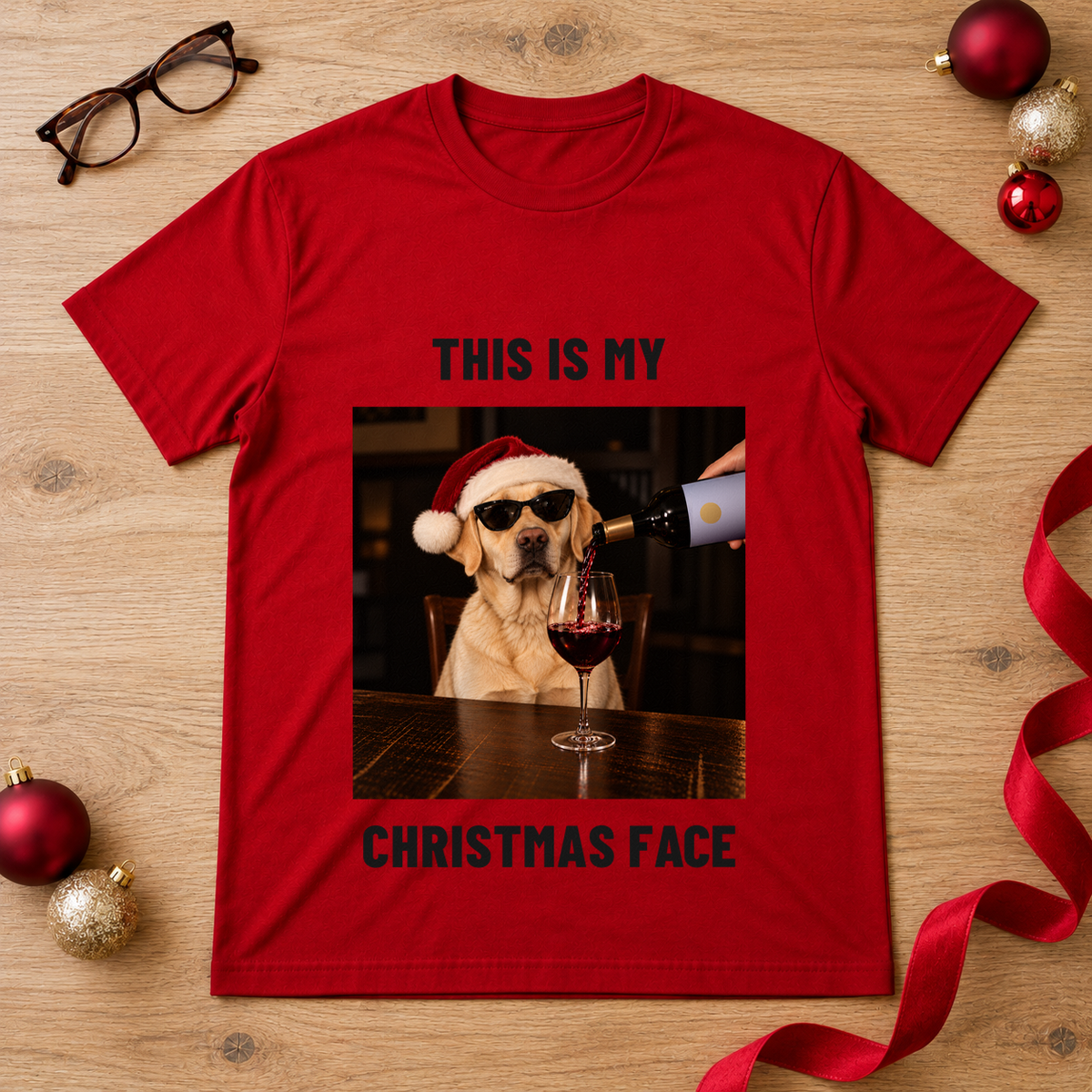 This Is My Christmas Face funny Christmas dog t-shirt – Labrador in Santa hat and sunglasses with red wine, red flat lay t-shirt