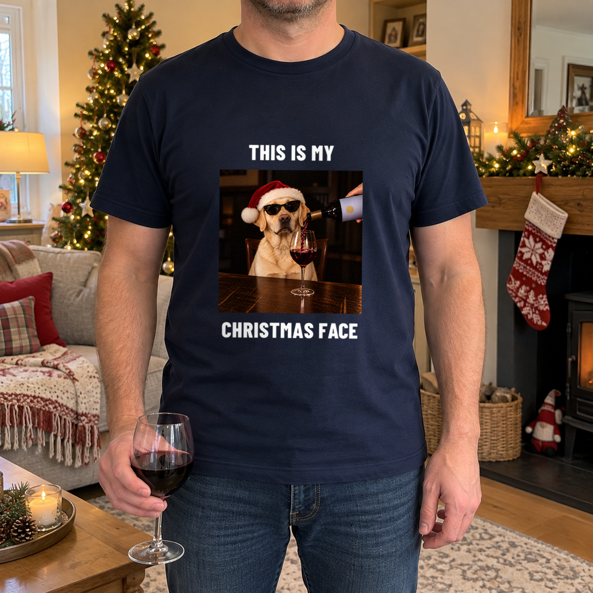 This Is My Christmas Face funny Christmas dog t-shirt – Labrador in Santa hat and sunglasses with red wine, man wearing a navy t-shirt